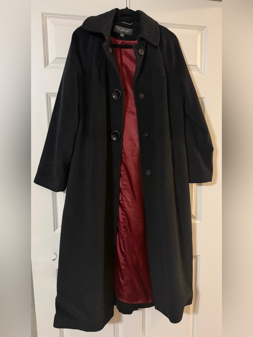 Full length Black Wool Coat with Burgundy satin  Lining - Women